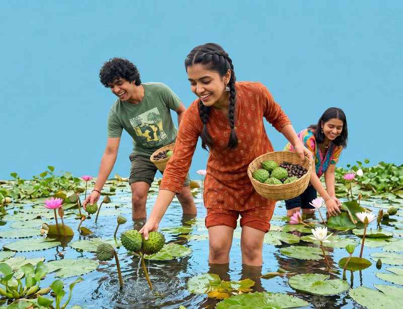 Harvesting lotus seeds in a lake in Bihar, India
